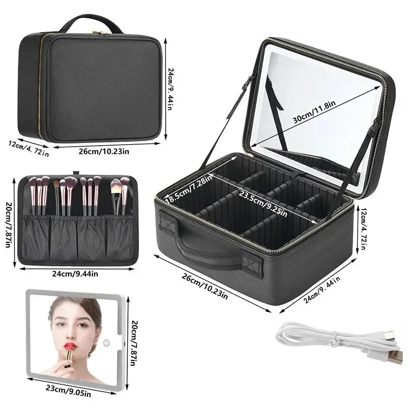 Smart LED Cosmetic Case with Mirror Travel Makeup Bag Large Capacity Female Beautician Skincare Product Makeup Case for Women