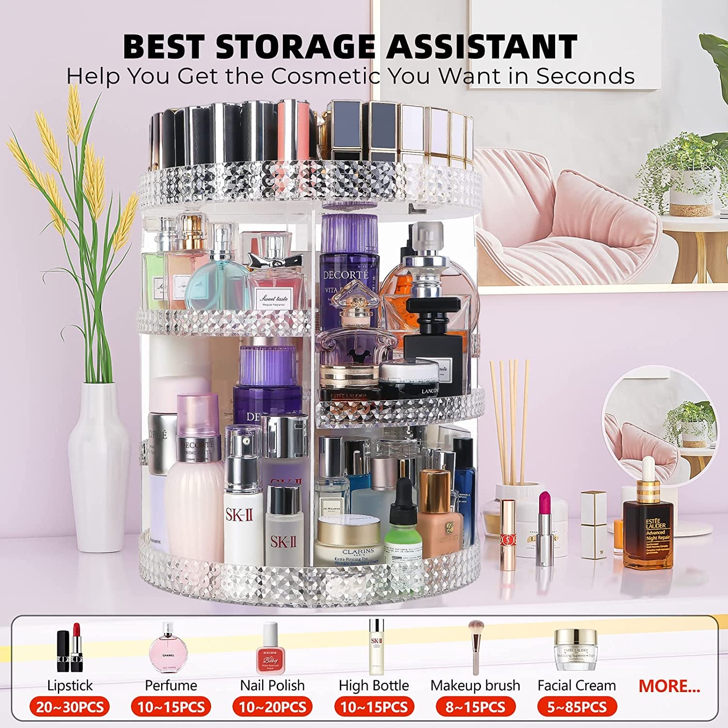 360 Degree Rotating Makeup Organizer, Extra Large Capacity Perfume Organizer, Removable DIY 7 Layers Make up Organizer for Vanity, Cosmetic Display Case Organizador De Maquillaje (Clear)