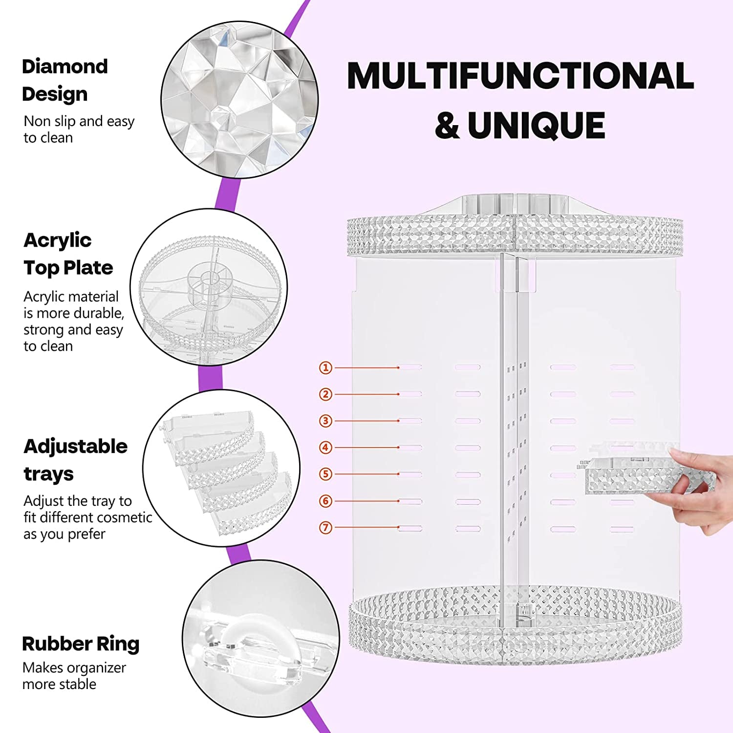 360 Degree Rotating Makeup Organizer, Extra Large Capacity Perfume Organizer, Removable DIY 7 Layers Make up Organizer for Vanity, Cosmetic Display Case Organizador De Maquillaje (Clear)